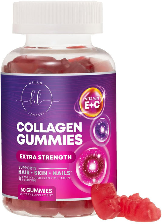 Hello Lovely! Kollagen-Gummibärchen für Haarwachstum - 2500 mcg D-Biotin pro Portion - Hydrolysierte Kollagenpeptide Typ I, III - Vitamin C & Zink - Unterstützung für Haut, Nägel & Gelenke für Frauen & Männer - Beerengeschmack, 60 Gummibärchen