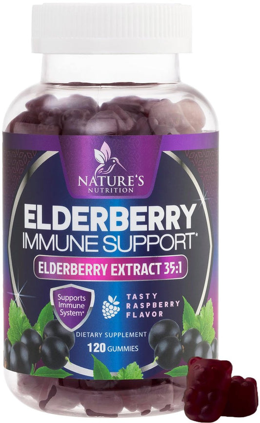 Holunder Gummis für Immununterstützung – Holunderextrakt Sambucus Nigra – Schwarzer Holunder Vitaminergänzung – Natürliche, tägliche Immununterstützung für Kinder & Erwachsene – Leckerer Beerengeschmack – 120 Gummis