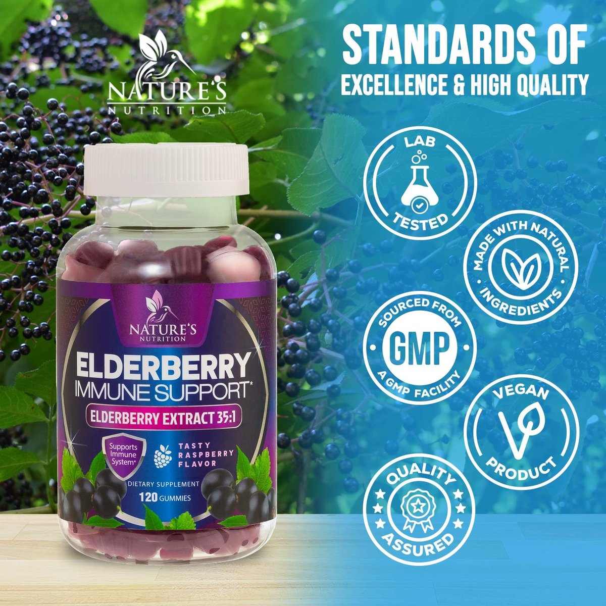 Holunder Gummis für Immununterstützung – Holunderextrakt Sambucus Nigra – Schwarzer Holunder Vitaminergänzung – Natürliche, tägliche Immununterstützung für Kinder & Erwachsene – Leckerer Beerengeschmack – 120 Gummis