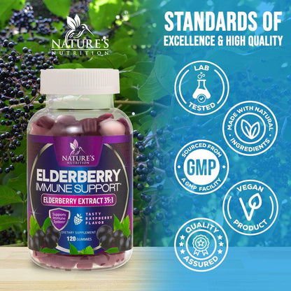 Holunder Gummis für Immununterstützung – Holunderextrakt Sambucus Nigra – Schwarzer Holunder Vitaminergänzung – Natürliche, tägliche Immununterstützung für Kinder & Erwachsene – Leckerer Beerengeschmack – 120 Gummis