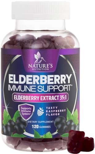 Holunder Gummis für Immununterstützung – Holunderextrakt Sambucus Nigra – Schwarzer Holunder Vitaminergänzung – Natürliche, tägliche Immununterstützung für Kinder & Erwachsene – Leckerer Beerengeschmack – 120 Gummis