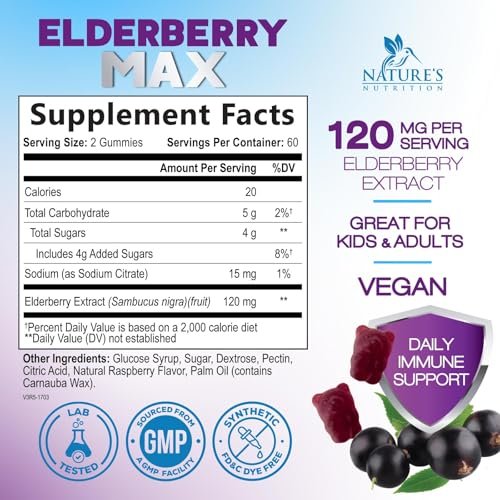 Holunder Gummis für Immununterstützung – Holunderextrakt Sambucus Nigra – Schwarzer Holunder Vitaminergänzung – Natürliche, tägliche Immununterstützung für Kinder & Erwachsene – Leckerer Beerengeschmack – 120 Gummis