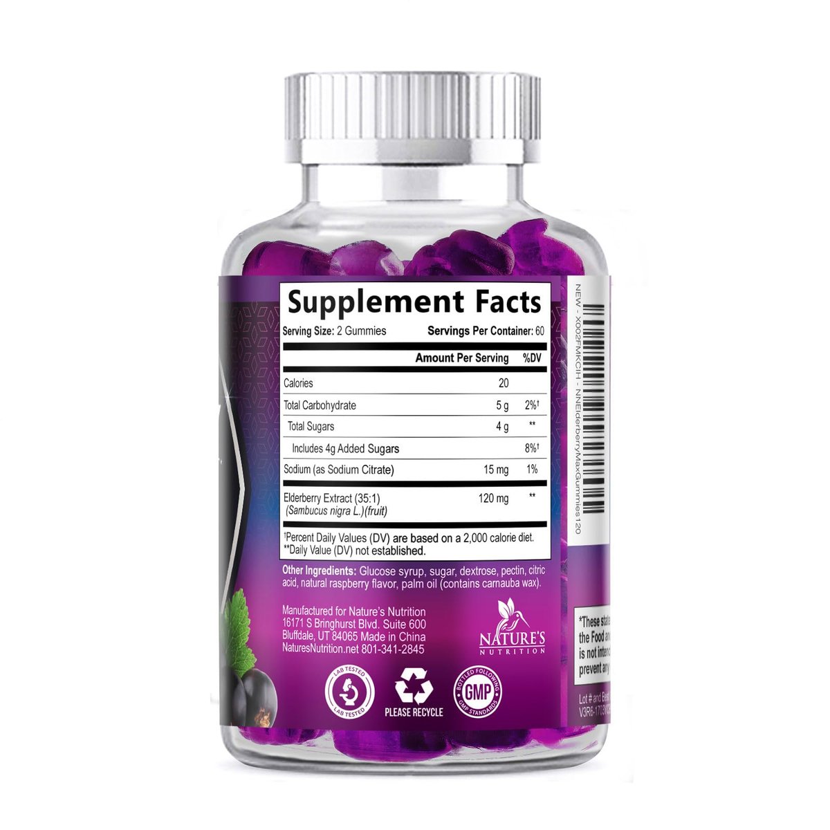 Holunder Gummis für Immununterstützung – Holunderextrakt Sambucus Nigra – Schwarzer Holunder Vitaminergänzung – Natürliche, tägliche Immununterstützung für Kinder & Erwachsene – Leckerer Beerengeschmack – 120 Gummis
