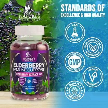 Holunder Gummis für Immununterstützung – Holunderextrakt Sambucus Nigra – Schwarzer Holunder Vitaminergänzung – Natürliche, tägliche Immununterstützung für Kinder & Erwachsene – Leckerer Beerengeschmack – 120 Gummis