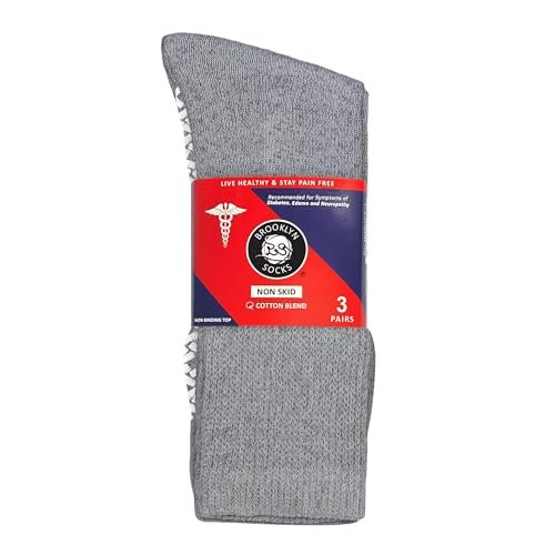3 Paar Anti-Rutsch Diabetiker Socken, Baumwoll-Griff Socken mit weitem Bündchen (Grau, Größe 10-13)