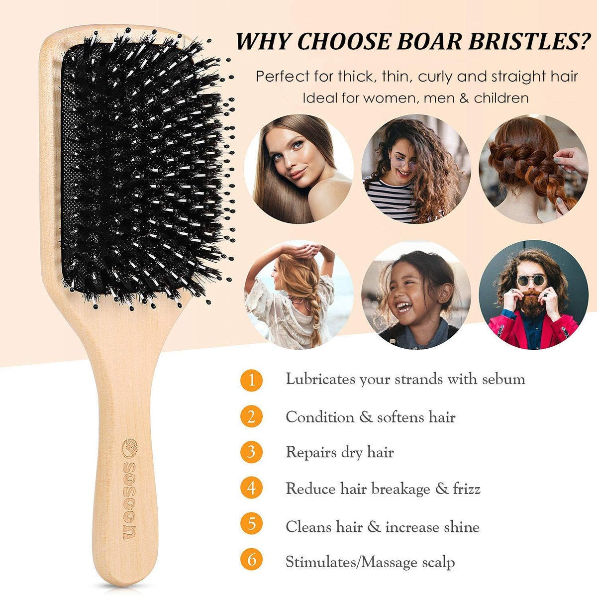 Haarbürste, Sosoon Wildschweinborsten-Paddle-Bürste für langes, kurzes, dickes, dünnes, lockiges, glattes, welliges, trockenes Haar für Männer, Frauen, Kinder – Keine Verfilzungen mehr, inkl. Geschenkbox und Stielkamm
