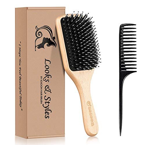 Haarbürste, Sosoon Wildschweinborsten-Paddle-Bürste für langes, kurzes, dickes, dünnes, lockiges, glattes, welliges, trockenes Haar für Männer, Frauen, Kinder – Keine Verfilzungen mehr, inkl. Geschenkbox und Stielkamm