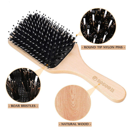 Haarbürste, Sosoon Wildschweinborsten-Paddle-Bürste für langes, kurzes, dickes, dünnes, lockiges, glattes, welliges, trockenes Haar für Männer, Frauen, Kinder – Keine Verfilzungen mehr, inkl. Geschenkbox und Stielkamm
