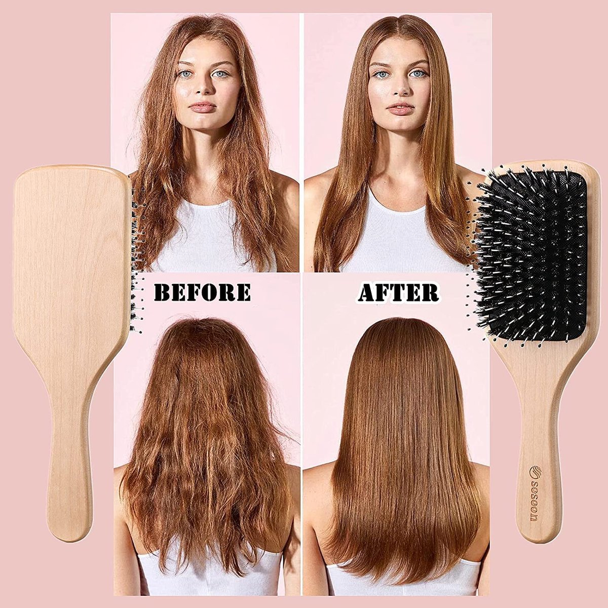 Haarbürste, Sosoon Wildschweinborsten-Paddle-Bürste für langes, kurzes, dickes, dünnes, lockiges, glattes, welliges, trockenes Haar für Männer, Frauen, Kinder – Keine Verfilzungen mehr, inkl. Geschenkbox und Stielkamm
