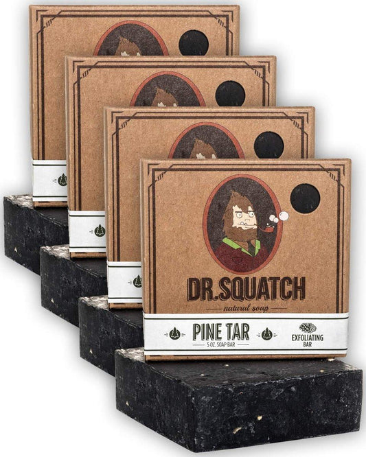 Dr. Squatch Pine Tar Seife 4er-Pack – Natürliche Holzseife für Männer mit peelender Wirkung – Handgemacht in den USA mit Kiefer, Kokos und Olivenöl (4 Riegel)
