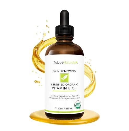 RejuveNaturals Vitamin-E-Öl – 100 % natürlich & USDA Bio (Große 4-Unzen-Flasche) – Repariert trockene, geschädigte Haut nach Operationen & Akne, Altersflecken – Für strahlende, hydratisierte & jugendliche Haut – Gesichts- & Körperfeuchtigkeitscreme