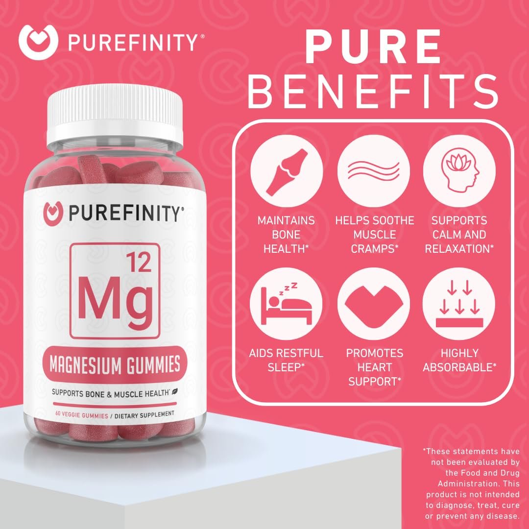PUREFINITY Magnesium Gummies – Nahrungsergänzungsmittel für Schlaf, Muskelregeneration, Krämpfe, Knochen und Energie – Nicht-GVO, Allergenfrei, Vegan (60 Gummis)