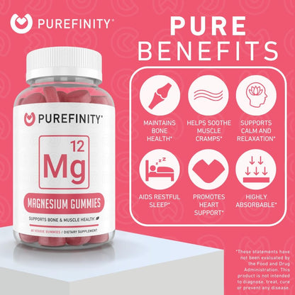 PUREFINITY Magnesium Gummies – Nahrungsergänzungsmittel für Schlaf, Muskelregeneration, Krämpfe, Knochen und Energie – Nicht-GVO, Allergenfrei, Vegan (60 Gummis)