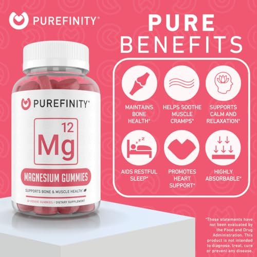 PUREFINITY Magnesium Gummies – Nahrungsergänzungsmittel für Schlaf, Muskelregeneration, Krämpfe, Knochen und Energie – Nicht-GVO, Allergenfrei, Vegan (60 Gummis)