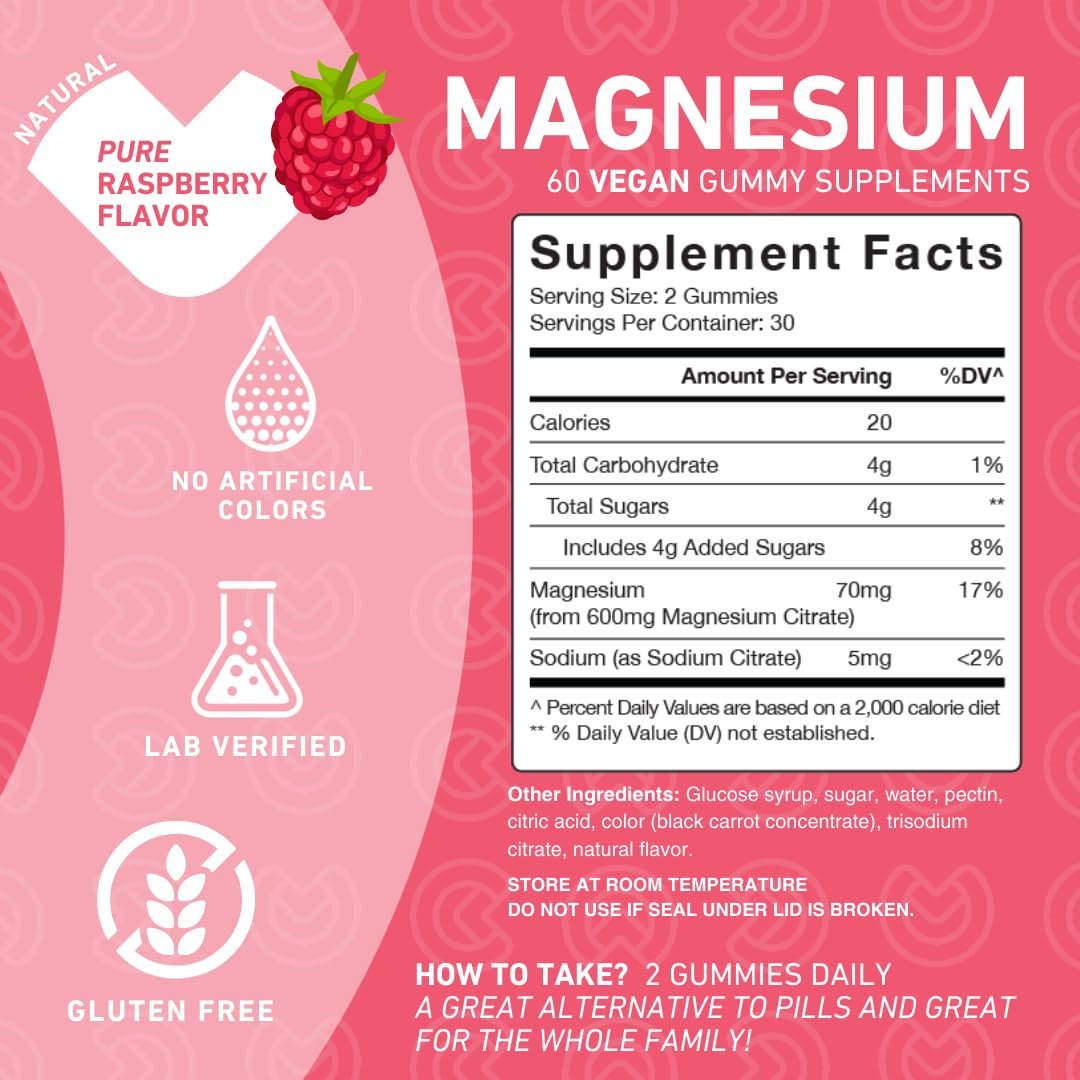 PUREFINITY Magnesium Gummies – Nahrungsergänzungsmittel für Schlaf, Muskelregeneration, Krämpfe, Knochen und Energie – Nicht-GVO, Allergenfrei, Vegan (60 Gummis)