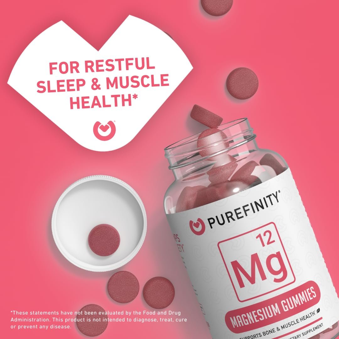 PUREFINITY Magnesium Gummies – Nahrungsergänzungsmittel für Schlaf, Muskelregeneration, Krämpfe, Knochen und Energie – Nicht-GVO, Allergenfrei, Vegan (60 Gummis)