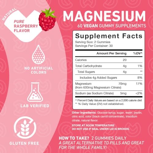 PUREFINITY Magnesium Gummies – Nahrungsergänzungsmittel für Schlaf, Muskelregeneration, Krämpfe, Knochen und Energie – Nicht-GVO, Allergenfrei, Vegan (60 Gummis)