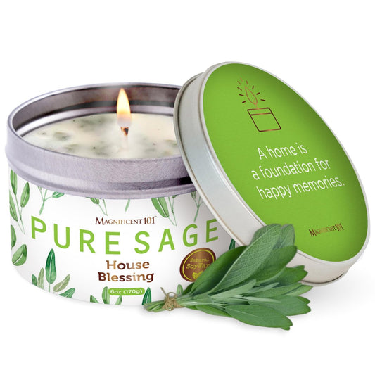 Magnificent 101 Lang anhaltende reine Salbei-Räucherkerze | 6 Oz - 35 Stunden Brenndauer | Ätherische Öle, 100% natürliche Inhaltsstoffe | Rauchfreie, petroleumfreie Kerze zur Reinigung Ihres Zuhauses