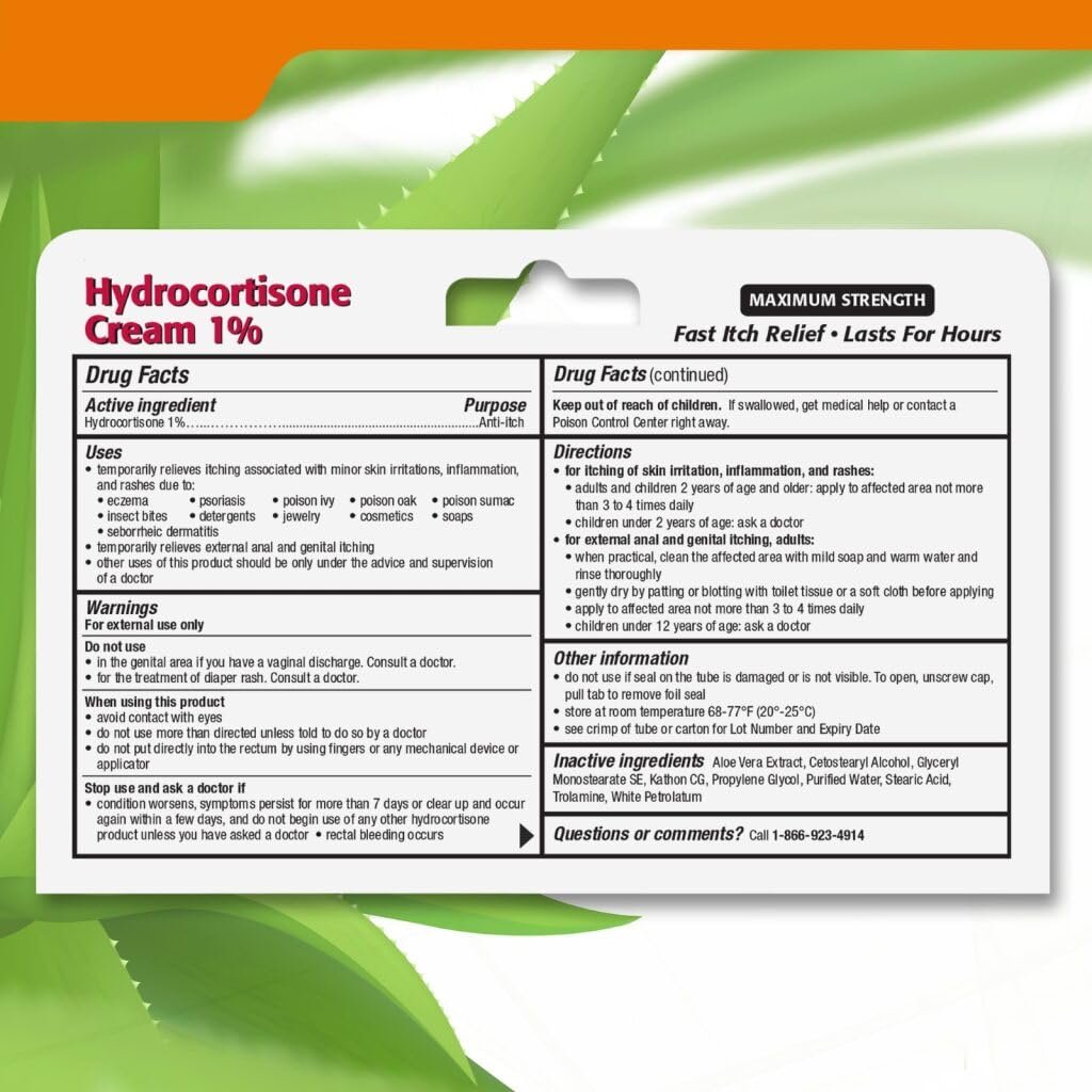 Taro Hydrocortison Creme 1% mit beruhigendem Aloe Vera (2 Fl Oz) - Schnell wirkende maximale Stärke gegen Juckreiz bei Ekzemen, Psoriasis, Hautausschlägen, Nesselsucht, Insektenstichen & gereizter Haut, farbstofffrei