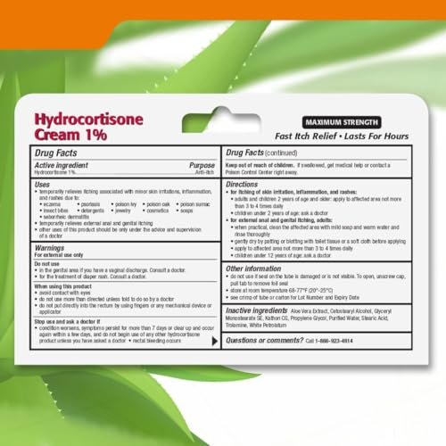 Taro Hydrocortison Creme 1% mit beruhigendem Aloe Vera (2 Fl Oz) - Schnell wirkende maximale Stärke gegen Juckreiz bei Ekzemen, Psoriasis, Hautausschlägen, Nesselsucht, Insektenstichen & gereizter Haut, farbstofffrei