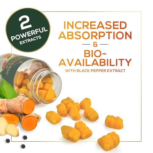 Turmeric Curcumin Gummis – 95% Curcuminoide mit Ingwer & schwarzem Pfeffer, vegane Gelenkunterstützung, nicht-GVO, glutenfrei, leckerer Pfirsichgeschmack – 60 Gummis