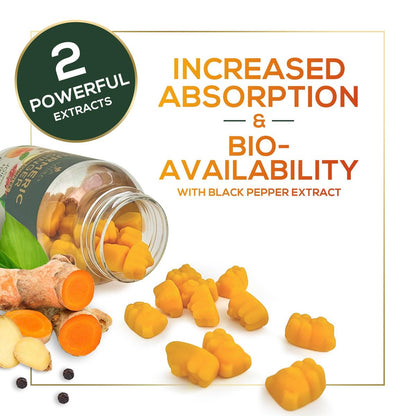 Turmeric Curcumin Gummis – 95% Curcuminoide mit Ingwer & schwarzem Pfeffer, vegane Gelenkunterstützung, nicht-GVO, glutenfrei, leckerer Pfirsichgeschmack – 60 Gummis