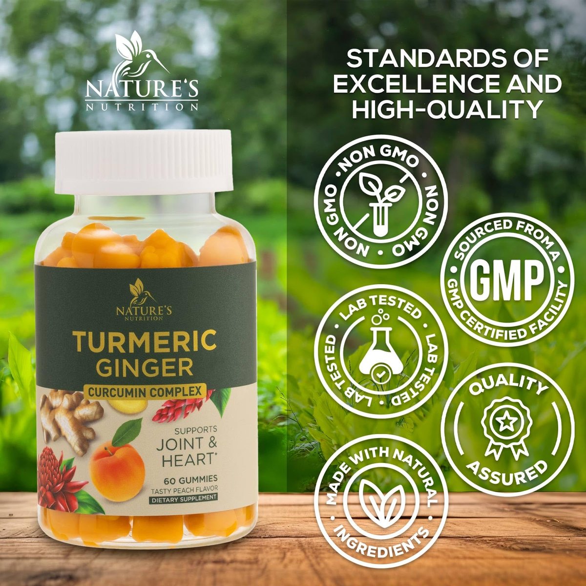 Turmeric Curcumin Gummis – 95% Curcuminoide mit Ingwer & schwarzem Pfeffer, vegane Gelenkunterstützung, nicht-GVO, glutenfrei, leckerer Pfirsichgeschmack – 60 Gummis