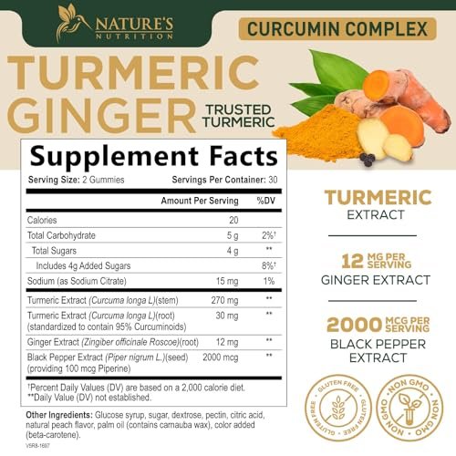 Turmeric Curcumin Gummis – 95% Curcuminoide mit Ingwer & schwarzem Pfeffer, vegane Gelenkunterstützung, nicht-GVO, glutenfrei, leckerer Pfirsichgeschmack – 60 Gummis