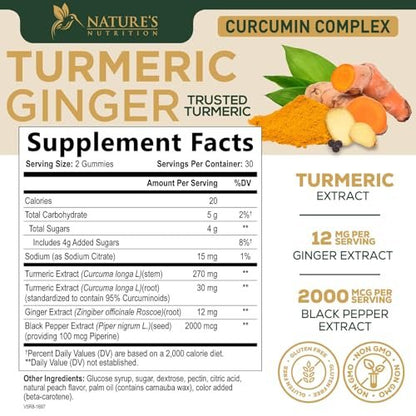 Turmeric Curcumin Gummis – 95% Curcuminoide mit Ingwer & schwarzem Pfeffer, vegane Gelenkunterstützung, nicht-GVO, glutenfrei, leckerer Pfirsichgeschmack – 60 Gummis