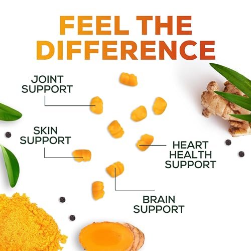 Turmeric Curcumin Gummis – 95% Curcuminoide mit Ingwer & schwarzem Pfeffer, vegane Gelenkunterstützung, nicht-GVO, glutenfrei, leckerer Pfirsichgeschmack – 60 Gummis