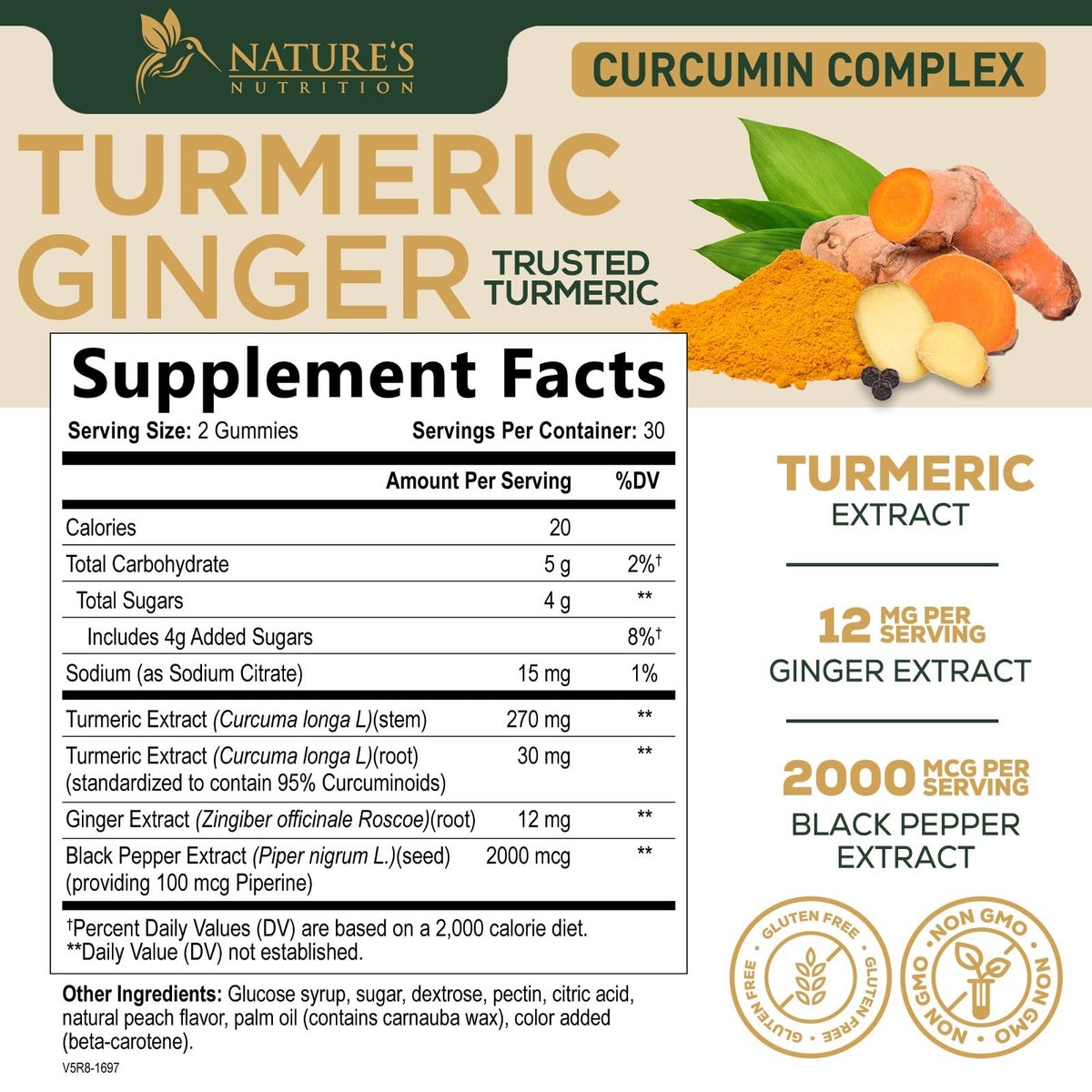 Turmeric Curcumin Gummis – 95% Curcuminoide mit Ingwer & schwarzem Pfeffer, vegane Gelenkunterstützung, nicht-GVO, glutenfrei, leckerer Pfirsichgeschmack – 60 Gummis