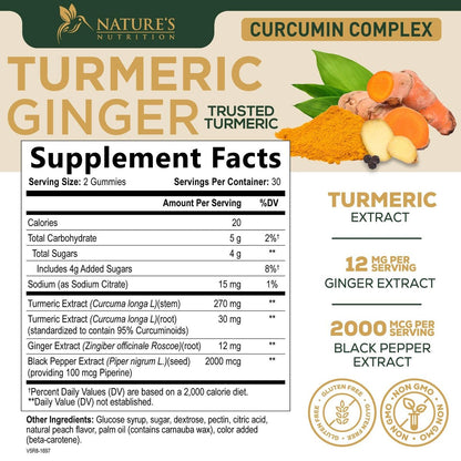Turmeric Curcumin Gummis – 95% Curcuminoide mit Ingwer & schwarzem Pfeffer, vegane Gelenkunterstützung, nicht-GVO, glutenfrei, leckerer Pfirsichgeschmack – 60 Gummis