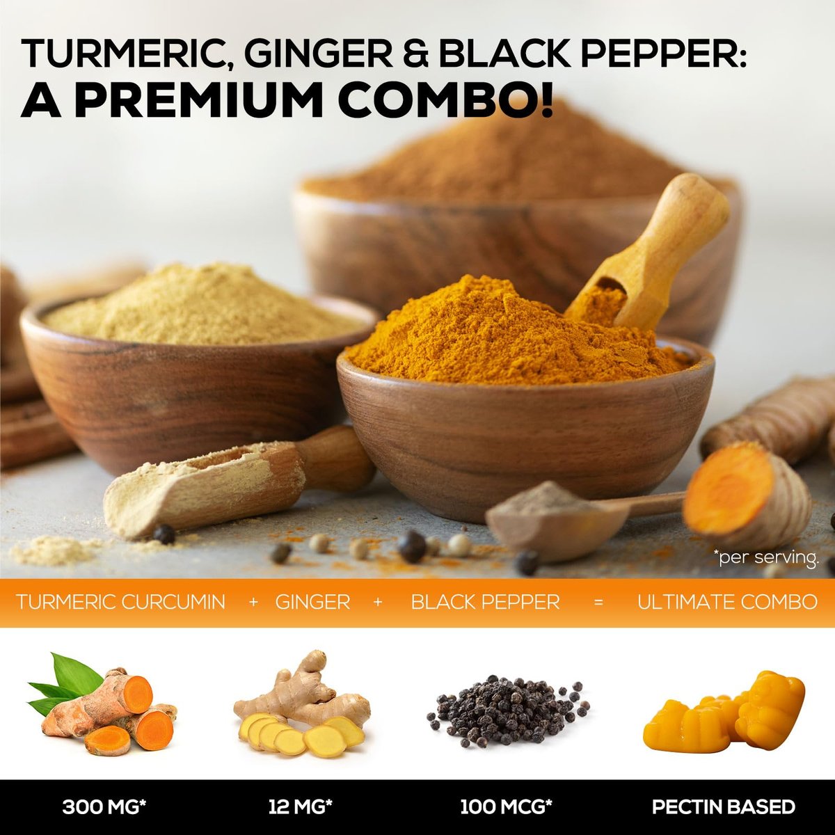 Turmeric Curcumin Gummis – 95% Curcuminoide mit Ingwer & schwarzem Pfeffer, vegane Gelenkunterstützung, nicht-GVO, glutenfrei, leckerer Pfirsichgeschmack – 60 Gummis