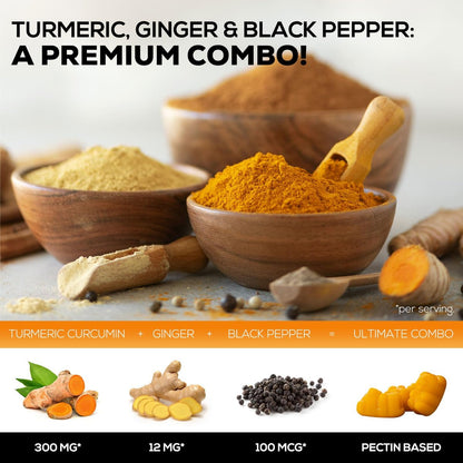 Turmeric Curcumin Gummis – 95% Curcuminoide mit Ingwer & schwarzem Pfeffer, vegane Gelenkunterstützung, nicht-GVO, glutenfrei, leckerer Pfirsichgeschmack – 60 Gummis