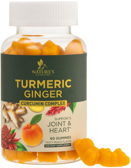 Turmeric Curcumin Gummis – 95% Curcuminoide mit Ingwer & schwarzem Pfeffer, vegane Gelenkunterstützung, nicht-GVO, glutenfrei, leckerer Pfirsichgeschmack – 60 Gummis
