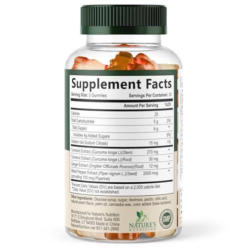 Turmeric Curcumin Gummis – 95% Curcuminoide mit Ingwer & schwarzem Pfeffer, vegane Gelenkunterstützung, nicht-GVO, glutenfrei, leckerer Pfirsichgeschmack – 60 Gummis