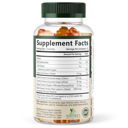 Turmeric Curcumin Gummis – 95% Curcuminoide mit Ingwer & schwarzem Pfeffer, vegane Gelenkunterstützung, nicht-GVO, glutenfrei, leckerer Pfirsichgeschmack – 60 Gummis