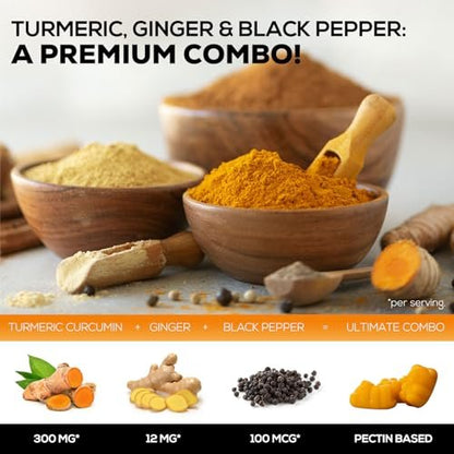 Turmeric Curcumin Gummis – 95% Curcuminoide mit Ingwer & schwarzem Pfeffer, vegane Gelenkunterstützung, nicht-GVO, glutenfrei, leckerer Pfirsichgeschmack – 60 Gummis