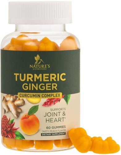 Turmeric Curcumin Gummis – 95% Curcuminoide mit Ingwer & schwarzem Pfeffer, vegane Gelenkunterstützung, nicht-GVO, glutenfrei, leckerer Pfirsichgeschmack – 60 Gummis