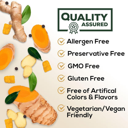 Turmeric Curcumin Gummis – 95% Curcuminoide mit Ingwer & schwarzem Pfeffer, vegane Gelenkunterstützung, nicht-GVO, glutenfrei, leckerer Pfirsichgeschmack – 60 Gummis