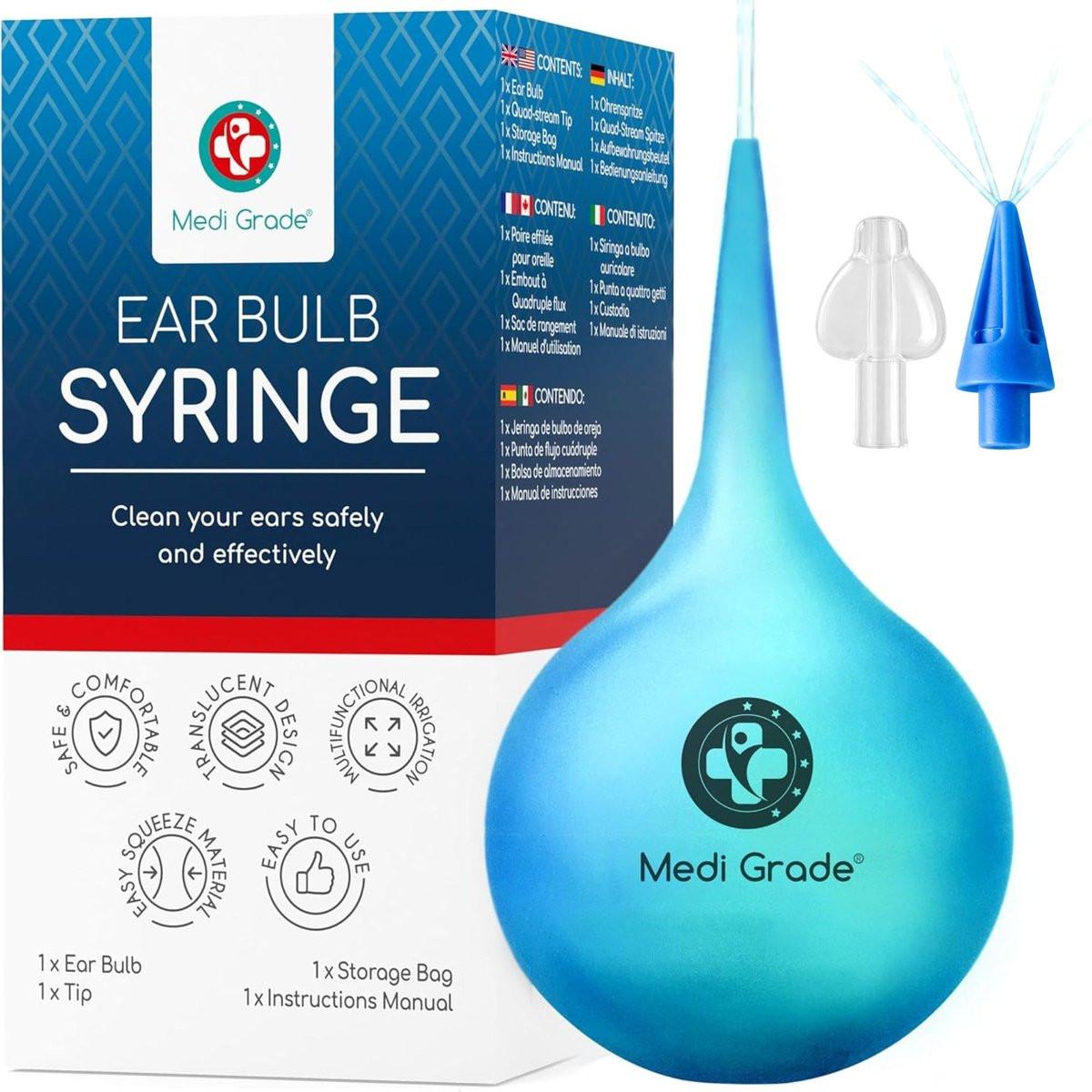 Medi Grade Ohrenspritze 75ml (2,54 fl oz) – Quad Stream Ohrspritze zur Ohrenspülung – Sanftes Ohrenschmalz-Entfernungswerkzeug – Ohrspritze Ohrenschmalz – mit reisefreundlichem Ohrenreinigungs-Set