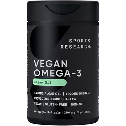 Sports Research Vegane Omega-3 Algenöl Kapseln - Höchste Konzentration an veganen DHA & EPA Fettsäuren | Non-GMO getestet & vegan zertifiziert - 60 vegane Softgels (ohne Carrageen)