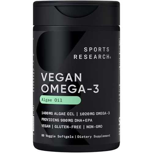 Sports Research Vegane Omega-3 Algenöl Kapseln - Höchste Konzentration an veganen DHA & EPA Fettsäuren | Non-GMO getestet & vegan zertifiziert - 60 vegane Softgels (ohne Carrageen)