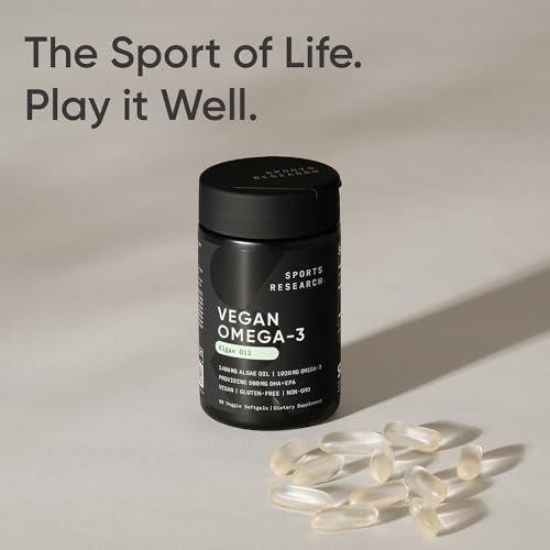 Sports Research Vegane Omega-3 Algenöl Kapseln - Höchste Konzentration an veganen DHA & EPA Fettsäuren | Non-GMO getestet & vegan zertifiziert - 60 vegane Softgels (ohne Carrageen)