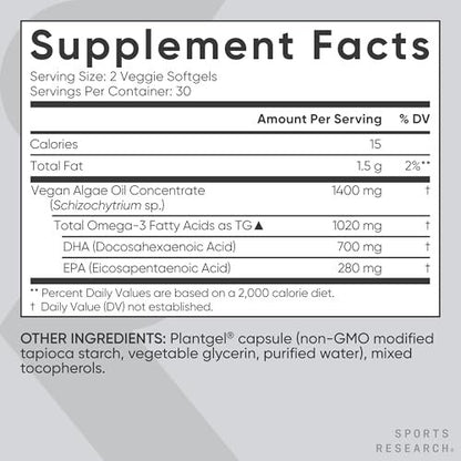Sports Research Vegane Omega-3 Algenöl Kapseln - Höchste Konzentration an veganen DHA & EPA Fettsäuren | Non-GMO getestet & vegan zertifiziert - 60 vegane Softgels (ohne Carrageen)