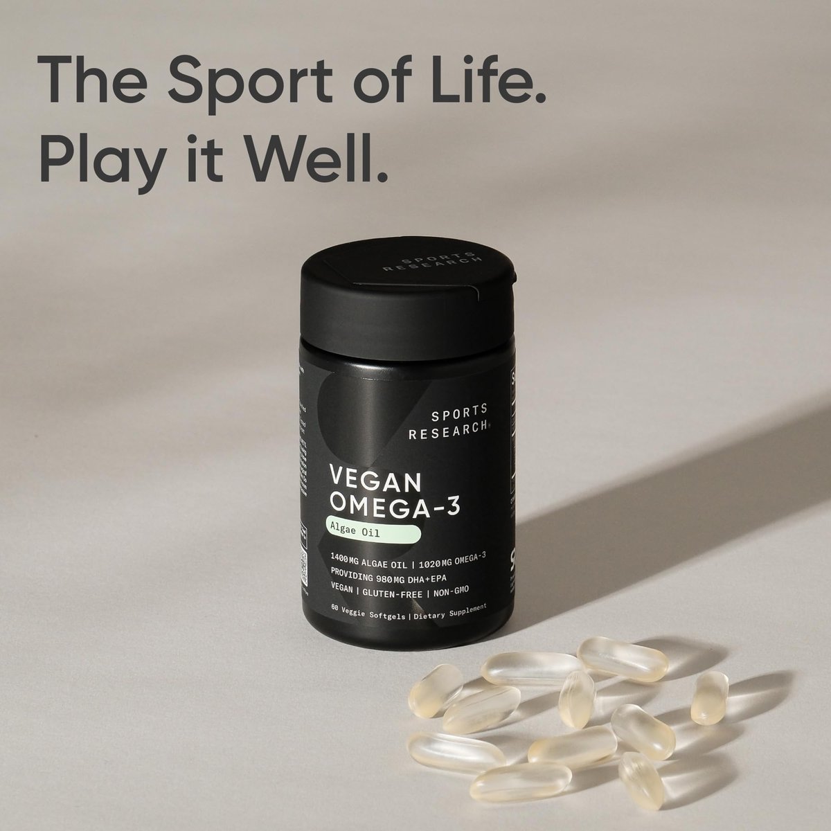 Sports Research Vegane Omega-3 Algenöl Kapseln - Höchste Konzentration an veganen DHA & EPA Fettsäuren | Non-GMO getestet & vegan zertifiziert - 60 vegane Softgels (ohne Carrageen)