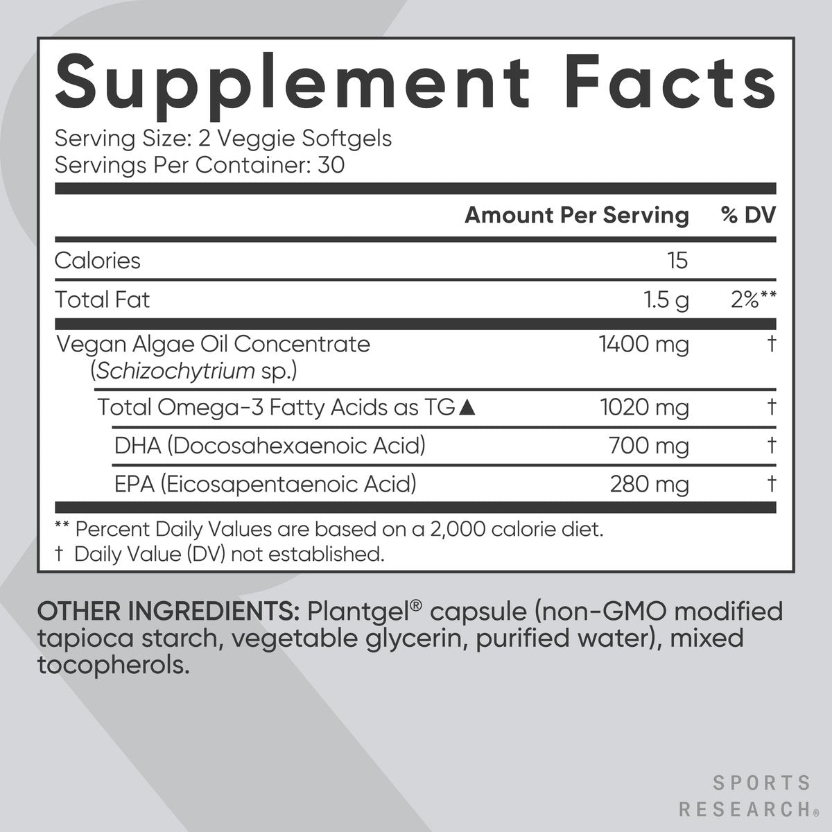 Sports Research Vegane Omega-3 Algenöl Kapseln - Höchste Konzentration an veganen DHA & EPA Fettsäuren | Non-GMO getestet & vegan zertifiziert - 60 vegane Softgels (ohne Carrageen)