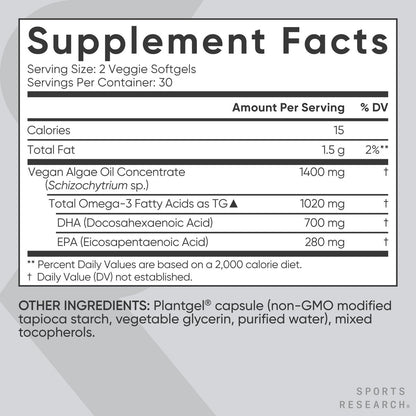 Sports Research Vegane Omega-3 Algenöl Kapseln - Höchste Konzentration an veganen DHA & EPA Fettsäuren | Non-GMO getestet & vegan zertifiziert - 60 vegane Softgels (ohne Carrageen)