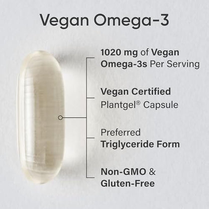 Sports Research Vegane Omega-3 Algenöl Kapseln - Höchste Konzentration an veganen DHA & EPA Fettsäuren | Non-GMO getestet & vegan zertifiziert - 60 vegane Softgels (ohne Carrageen)