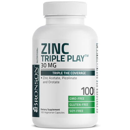 Bronson Zinc Triple Play 30 mg – Dreifache Immununterstützung mit Zinkacetat, Picolinat & Orotat – 100 vegane Kapseln